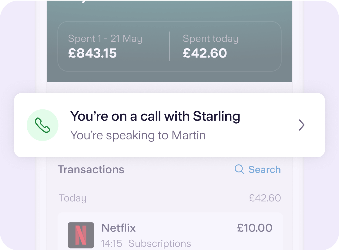 A phone with the Starling app running, with a notification in focus showing that you're on a call with Starling