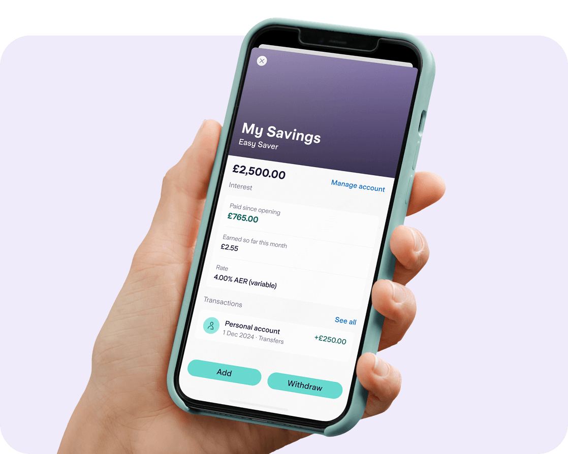 A hand holding a mobile phone, showing the Starling app with an Easy Saver on screen