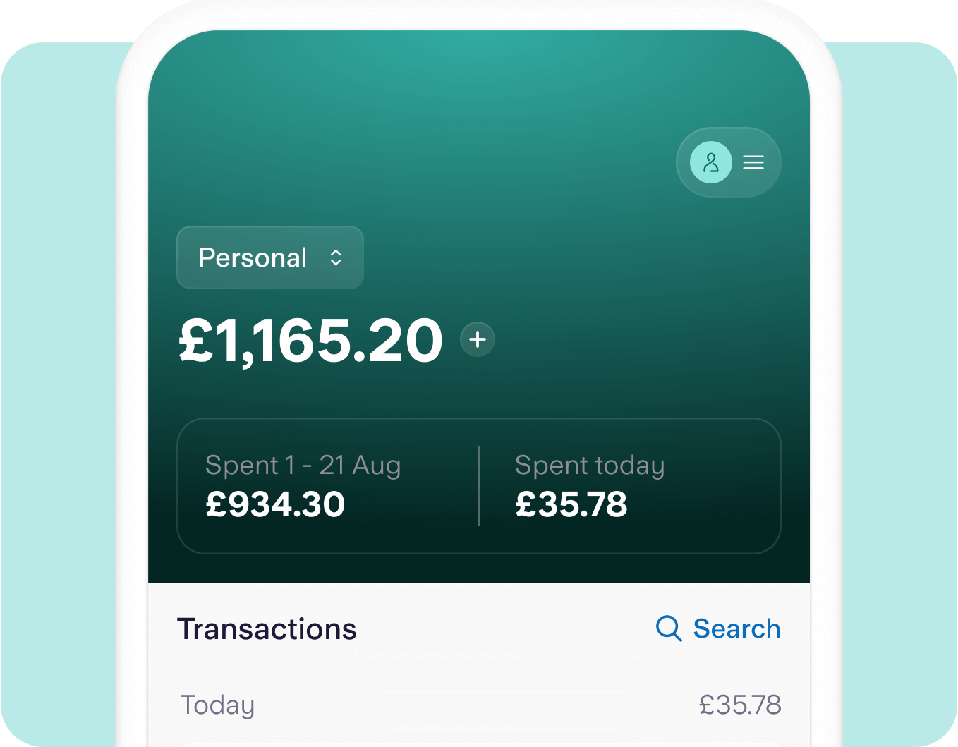 A mobile phone showing the top half of the Starling app, with a balance, amount spent, and the top of a transaction feed