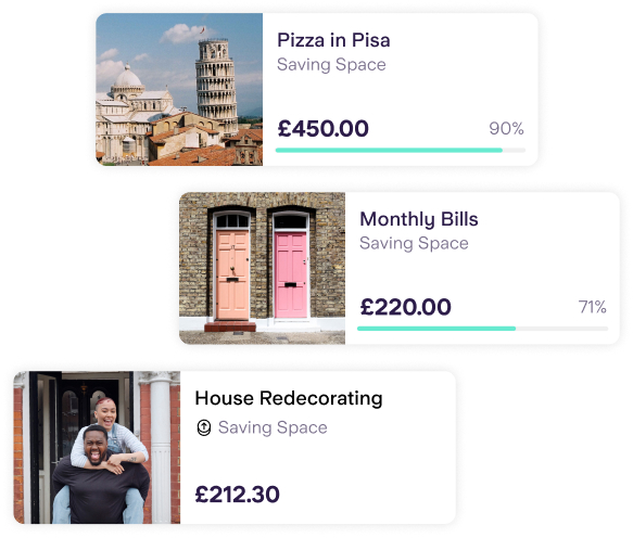 A collection of 3 Saving Spaces: Pizza in Pisa, Monthly Bills, House Redecorating.