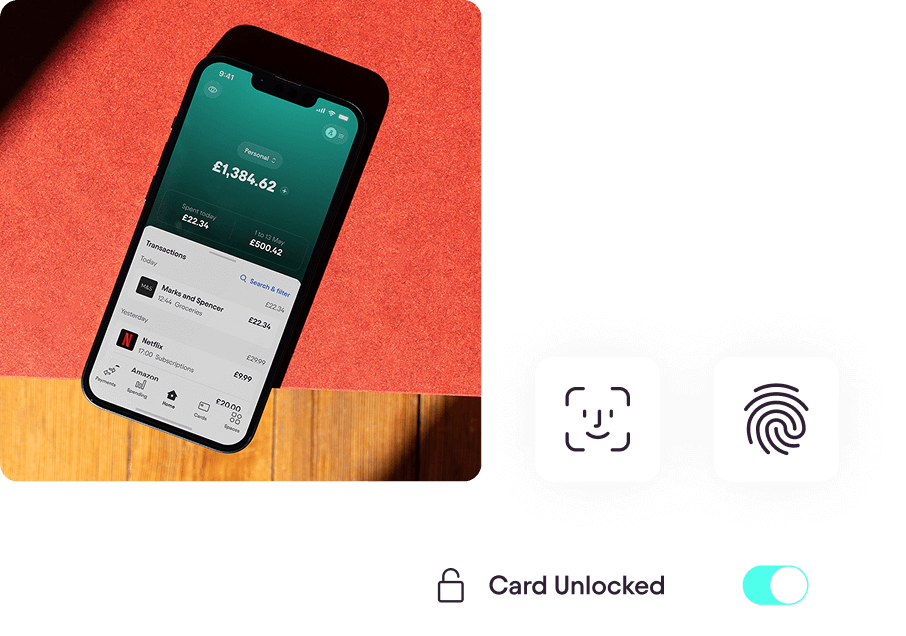 A phone with the homescreen of the Starling Bank mobile app
