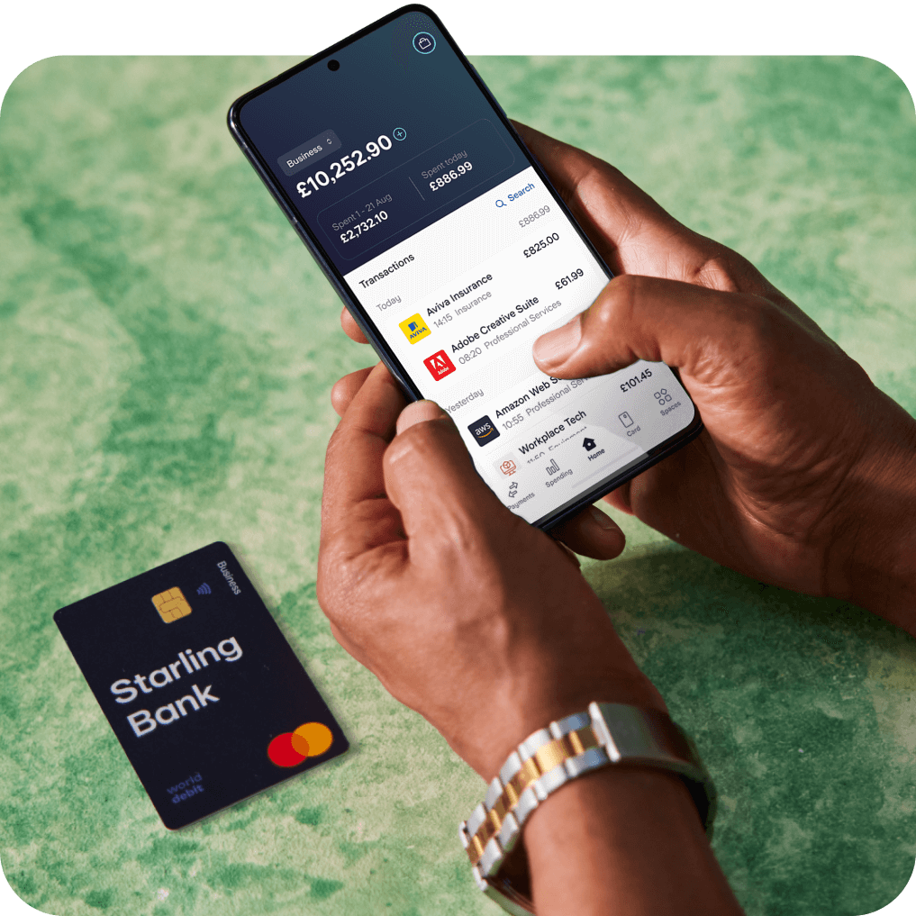 Starling business card and phone showing Starling account