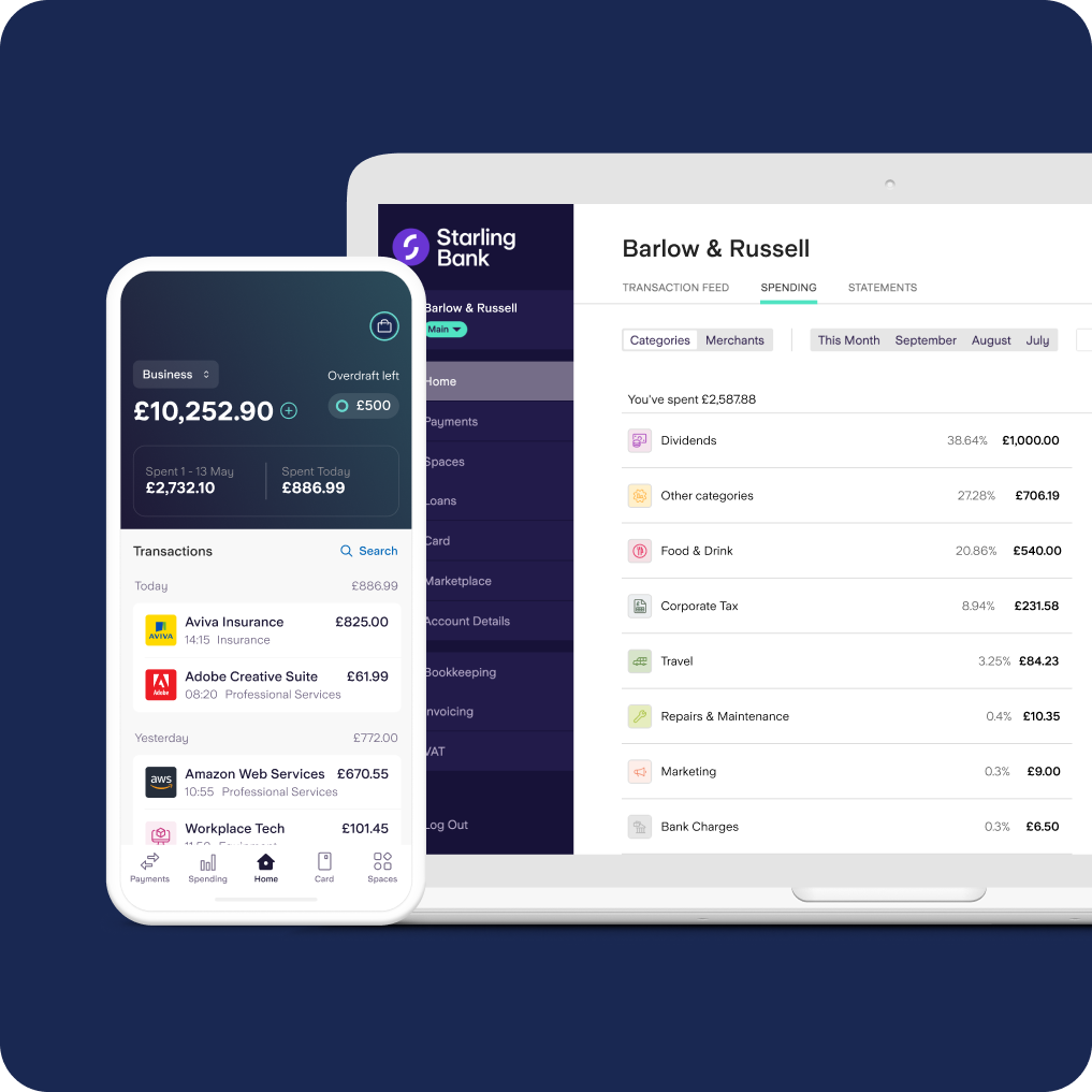 Starling business banking on mobile and desktop screens