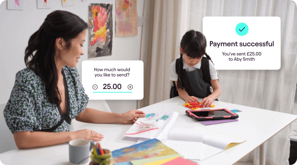 Woman and child enjoying an activity together, with on-screen text showing a £25 payment sent to the child via a payment link
