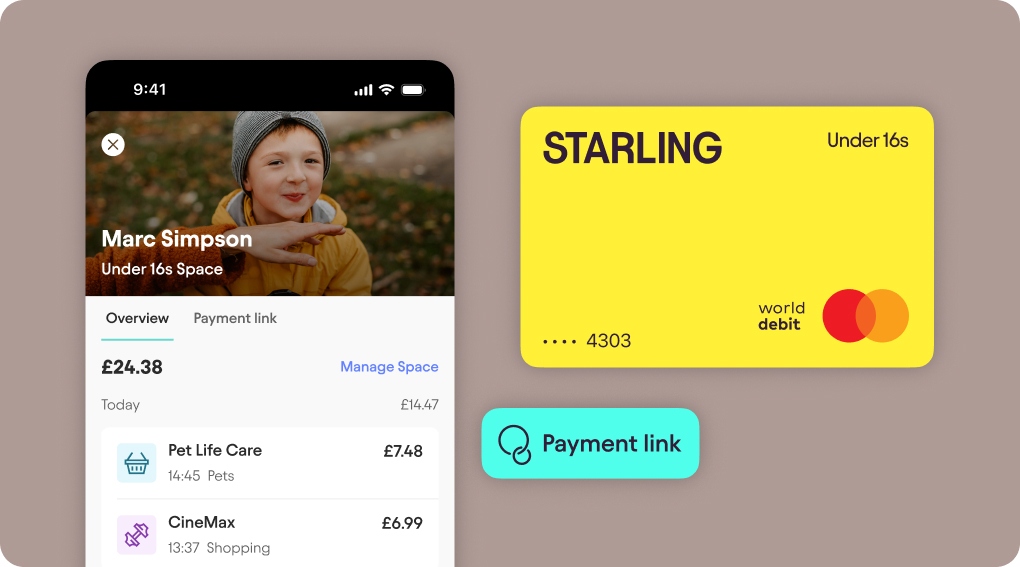Under 16s debit card and Under 16s Space in the Starling app, showing a spending and balance overview