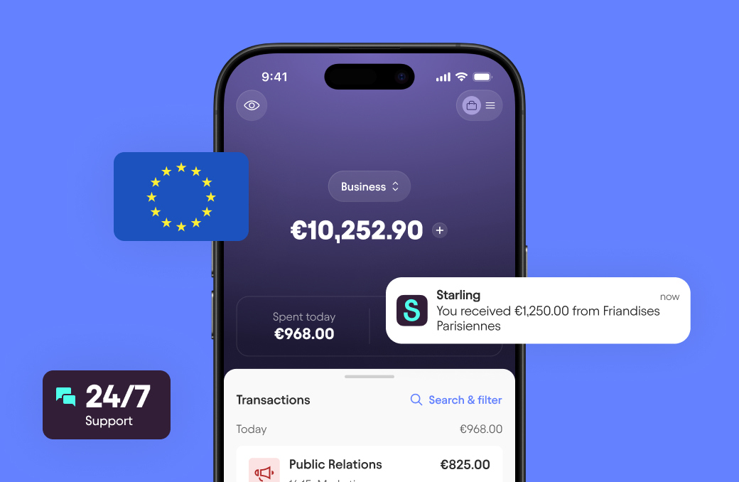Starling app showing business balance overview in euros, with 24/7 support