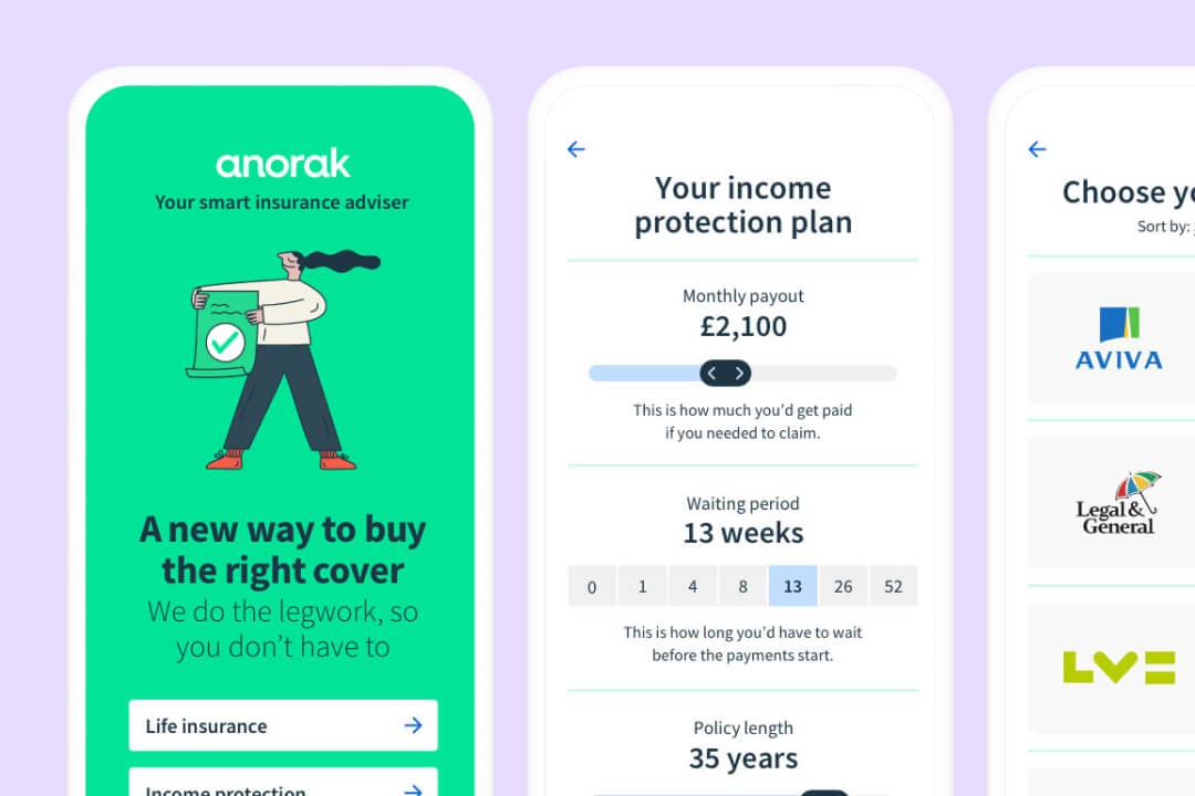 Three phone screens show the Anorak insurance app, a protection plan and the logos for three major insurance companies