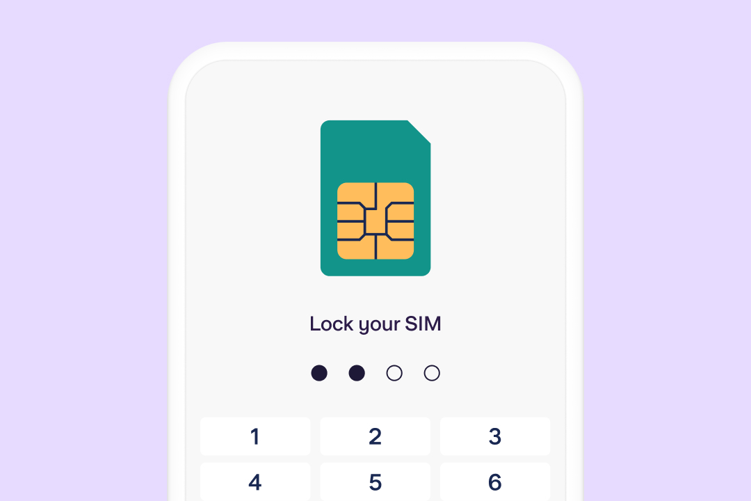 Image with a purple background and an illustration of a phone screen, a phone SIM and a keypad