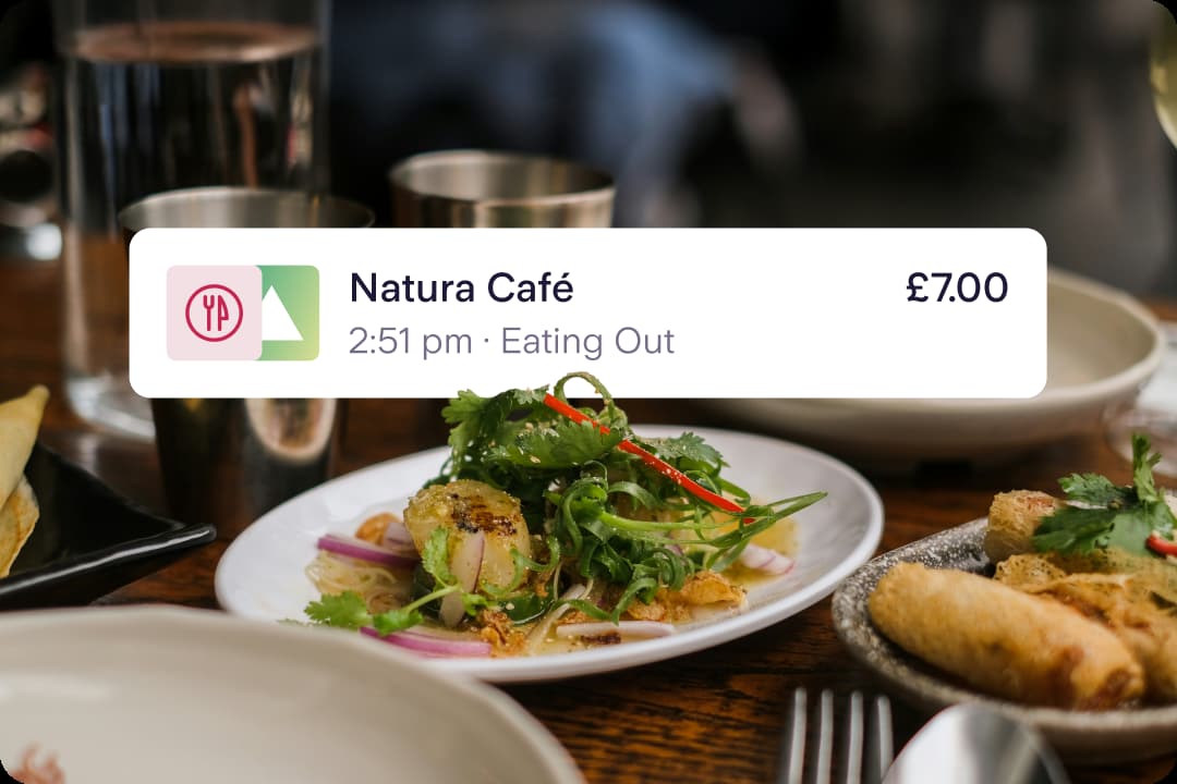 A plate of Thai food is shown overlaid with a spending notification from a Starling virtual card. The notification is for Natura Café for £7.