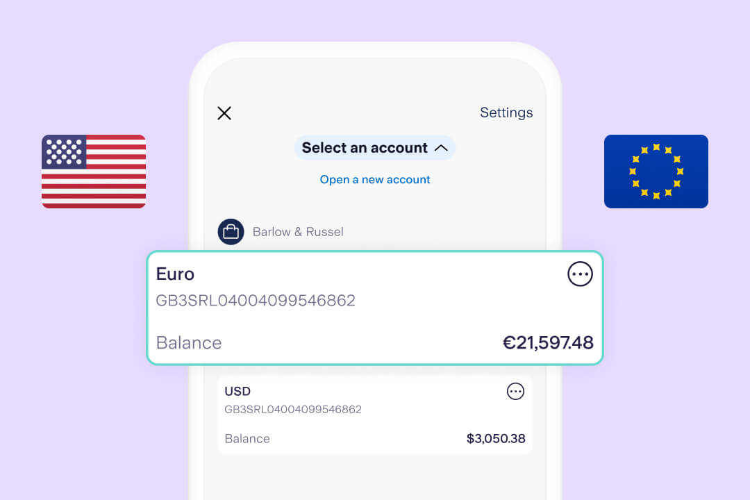 A phone screen shows a Starling Euro account with a US flag on one side and a EU flag on the other