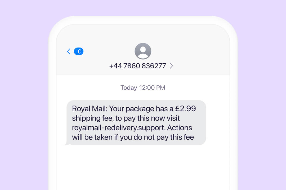 A phone screen with a fake number and text from 'Royal Mail' which is an example of a package scam