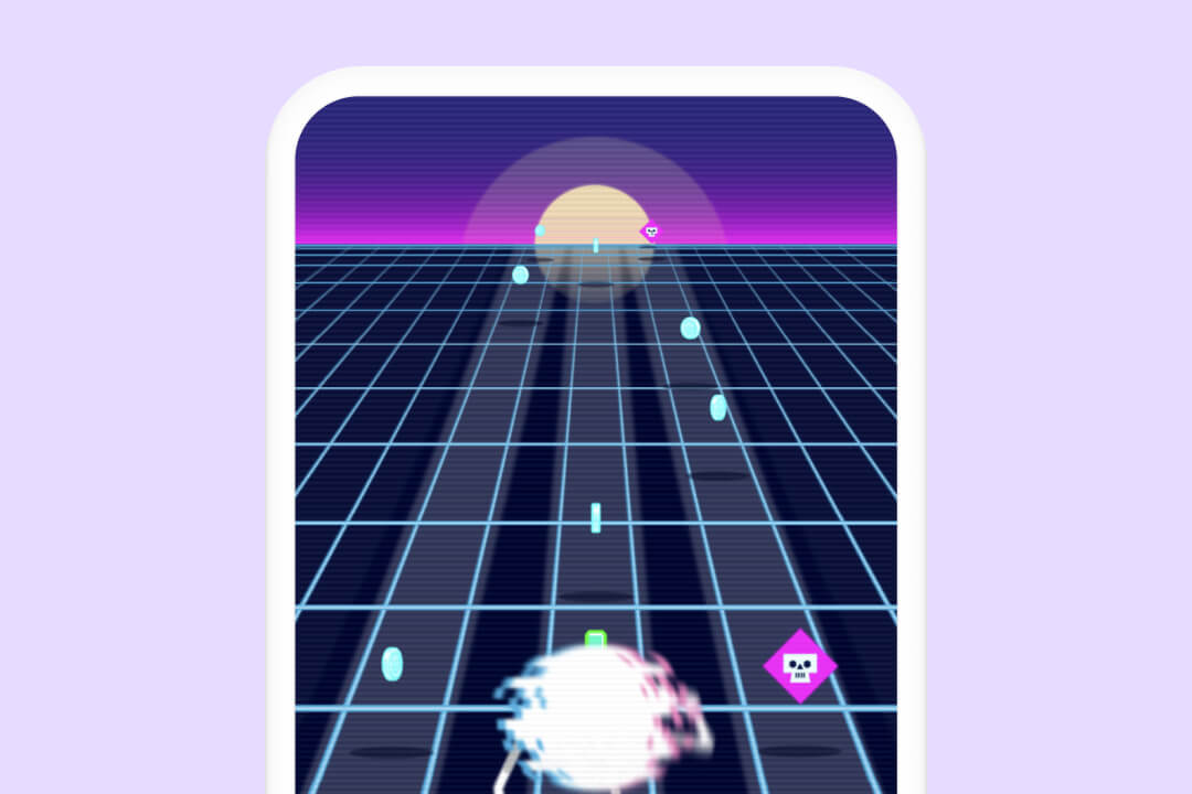 A phone screen shows a sci-fi game on an app. The image has a purple background.