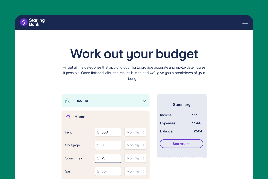 Screenshot showing Starling's budget planner with some example figures for household expenses