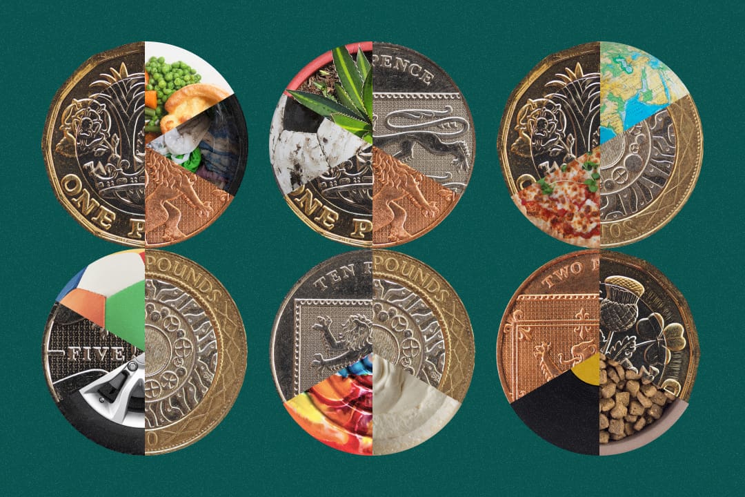 Six coins, with images overlaid including dog biscuits, plants, a map - each of which represents a potential shared expense