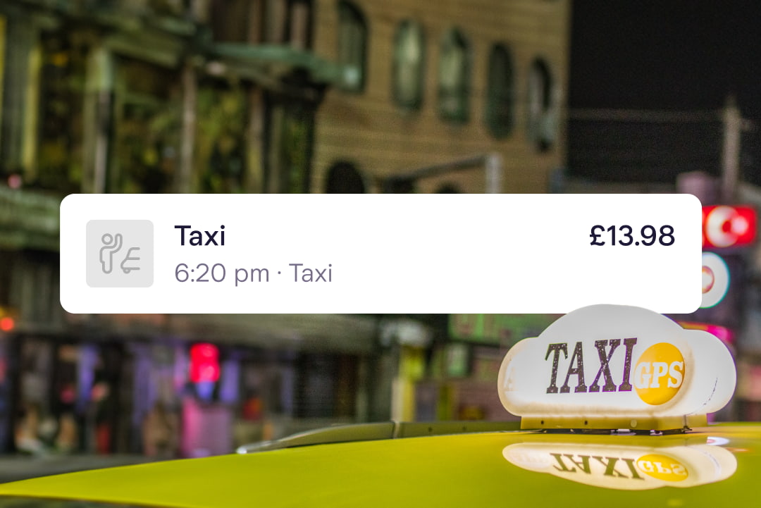 A photo of a taxi in Bangkok is shown with a spending notification reading Taxi £13.98