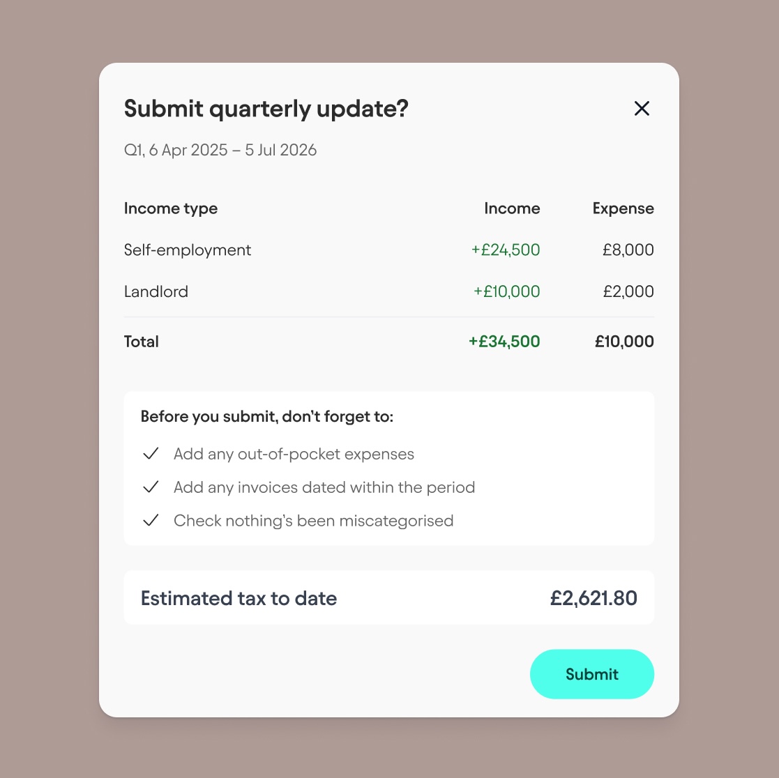 Screen showing income, expenses, and estimated tax to date