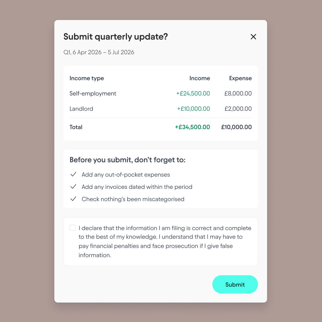Screen showing Making Tax Digital quarterly submission