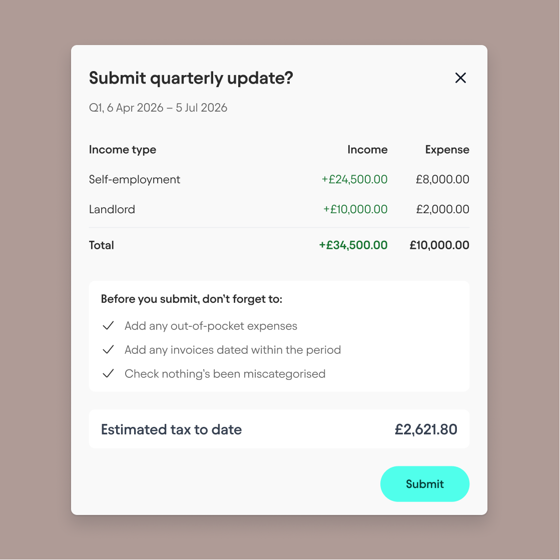 Screen showing income, expenses, and estimated tax to date