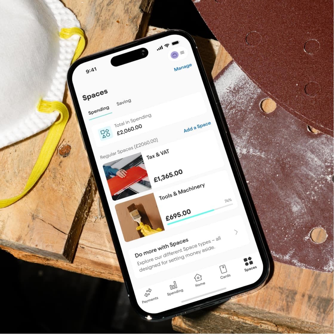 Spaces screen showing money set aside for tax and expenses
