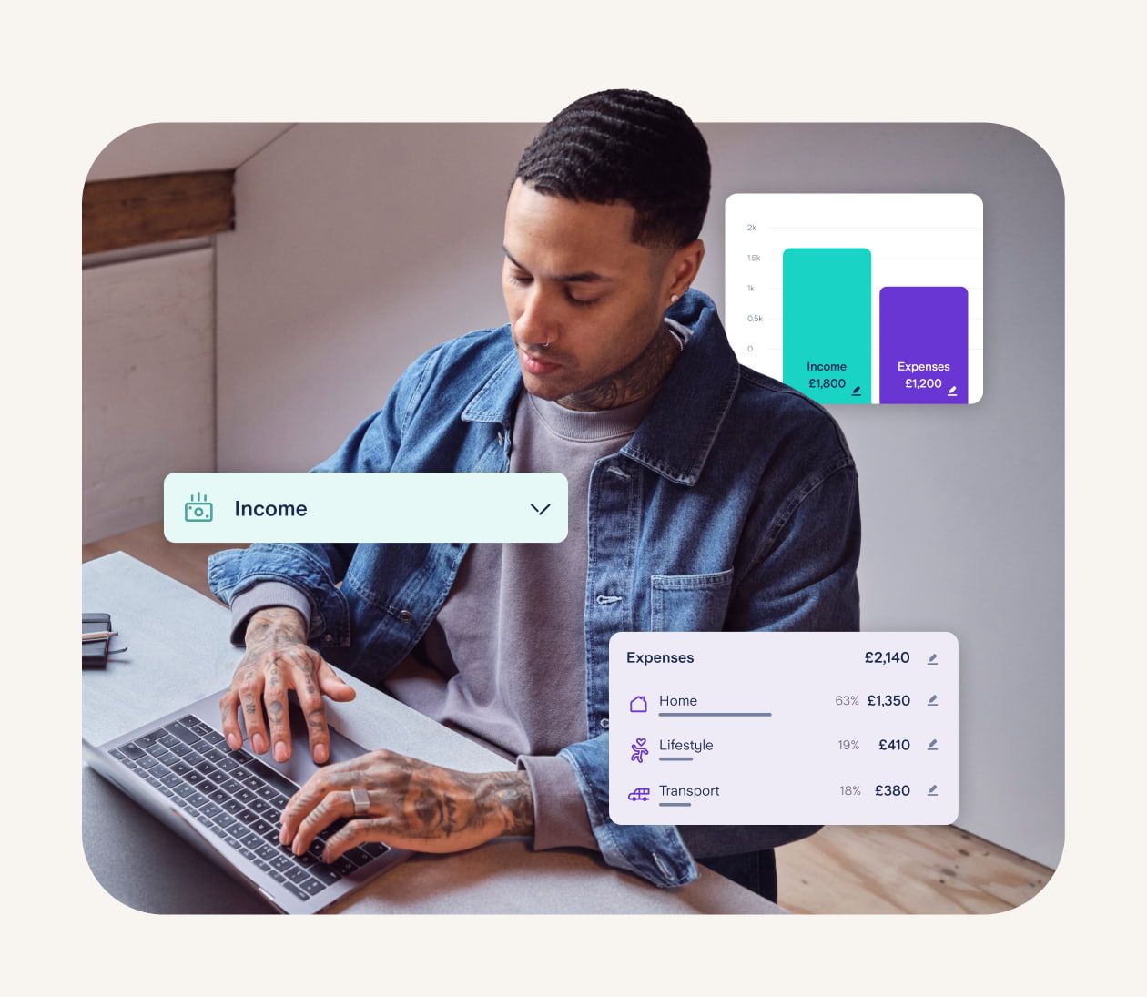 A man sat at a laptop, surrounded by the results from the Starling budget planner