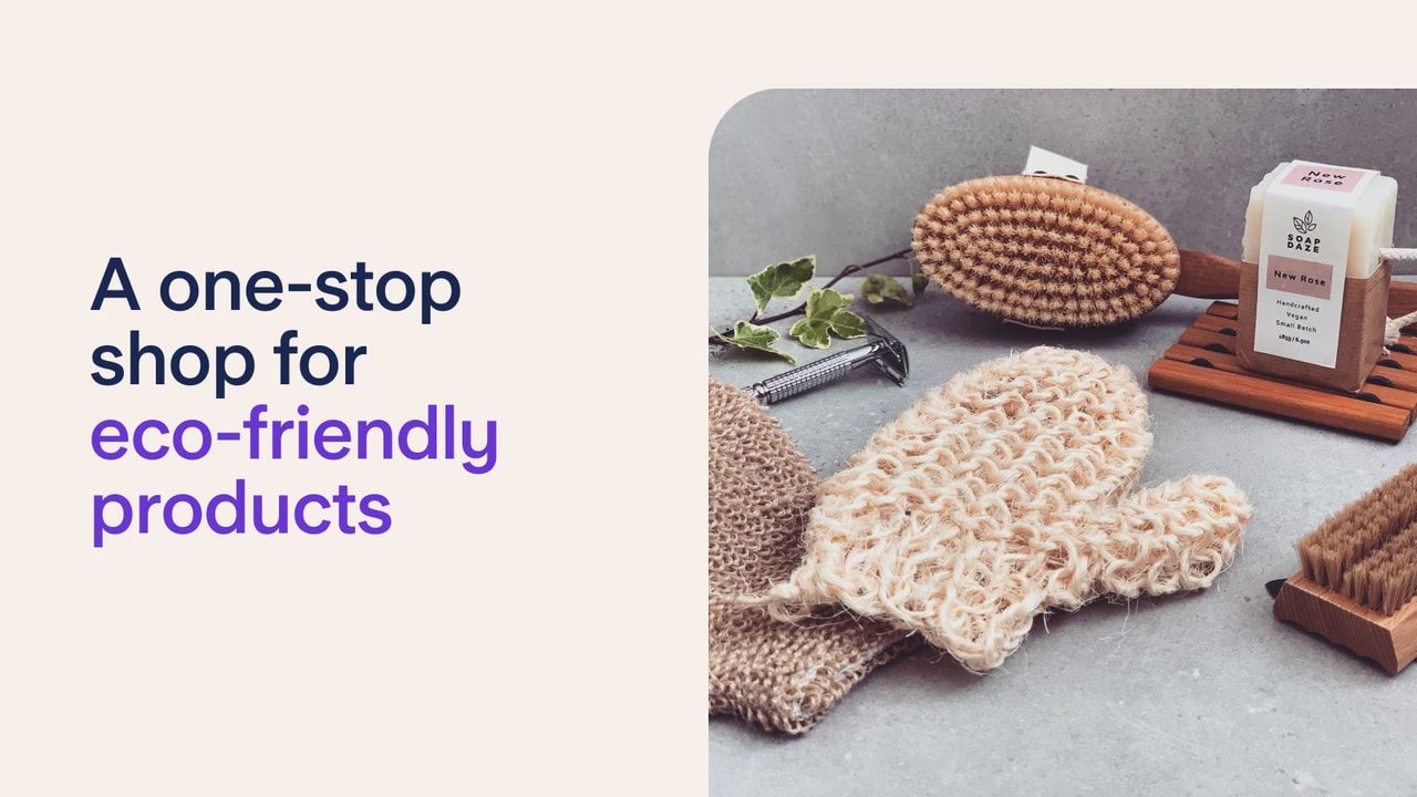 Eco-friendly bath mitts and soap laid out on a grey backdrop with a text saying A one-stop for eco-friendly products on the left side of the picture