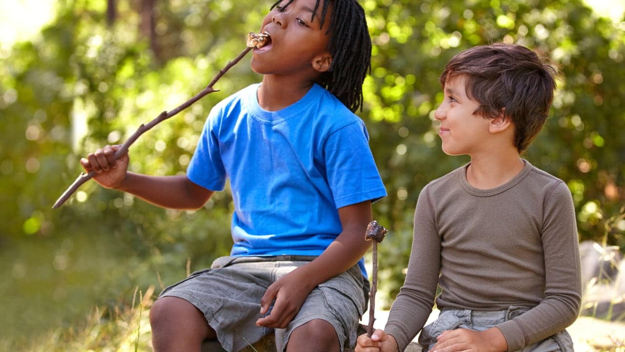 children eating marshmallows from a stick