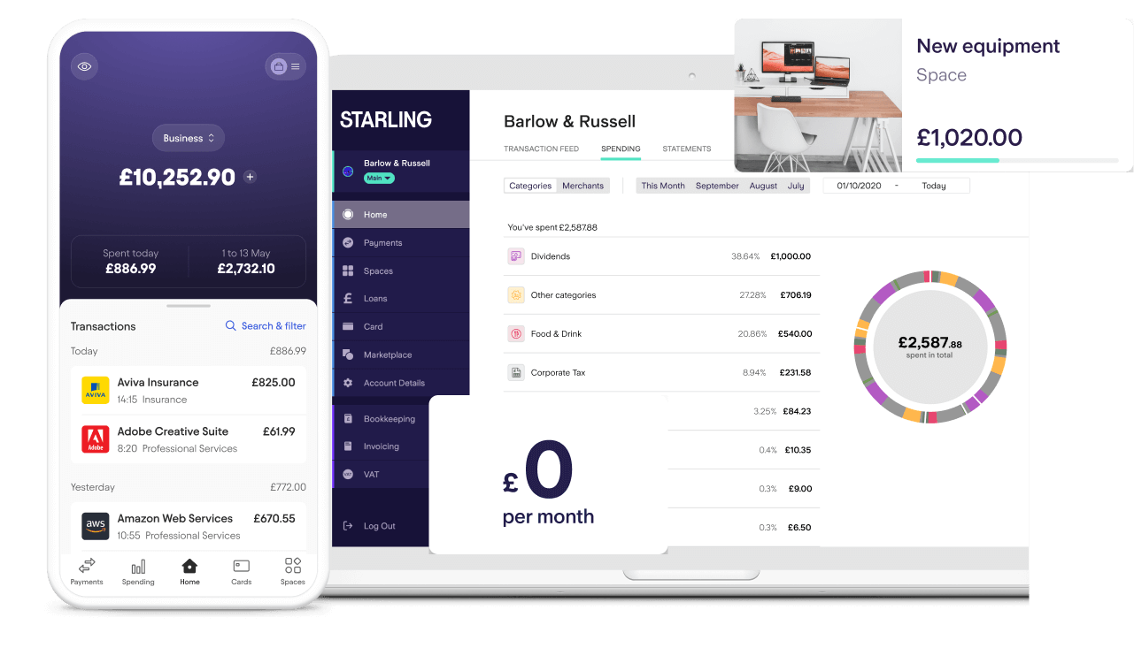 Starling business account shown on laptop and mobile