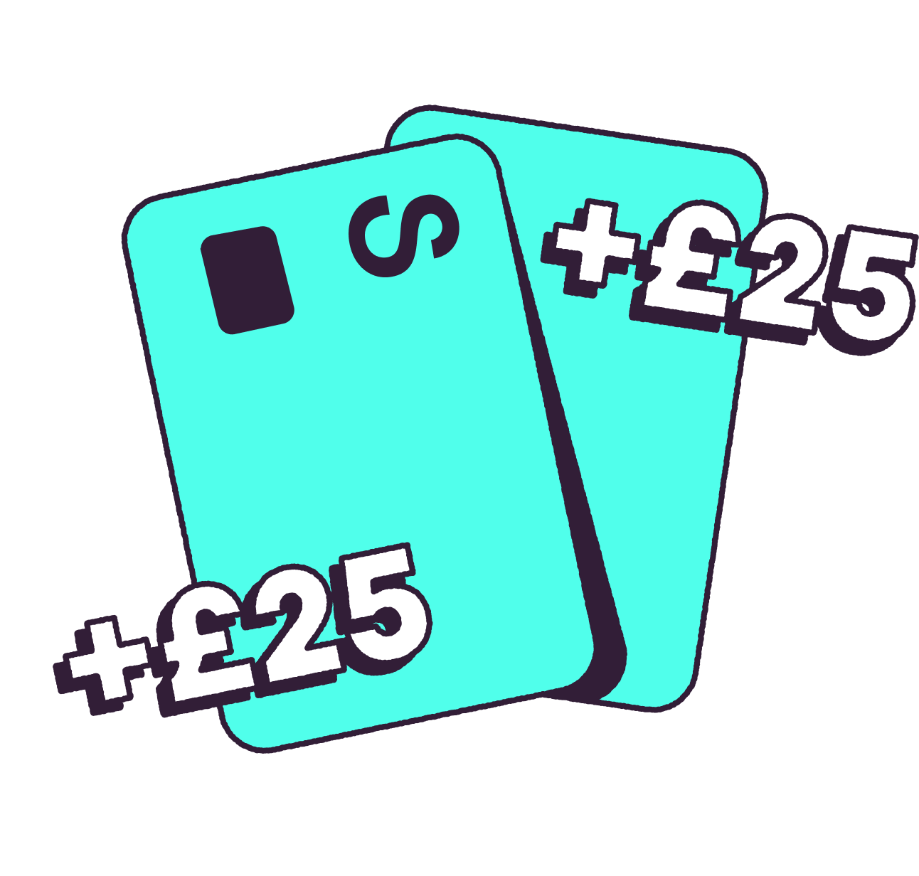 An illustration showing two Starling PCA cards, each receiving £25 for referring a friend