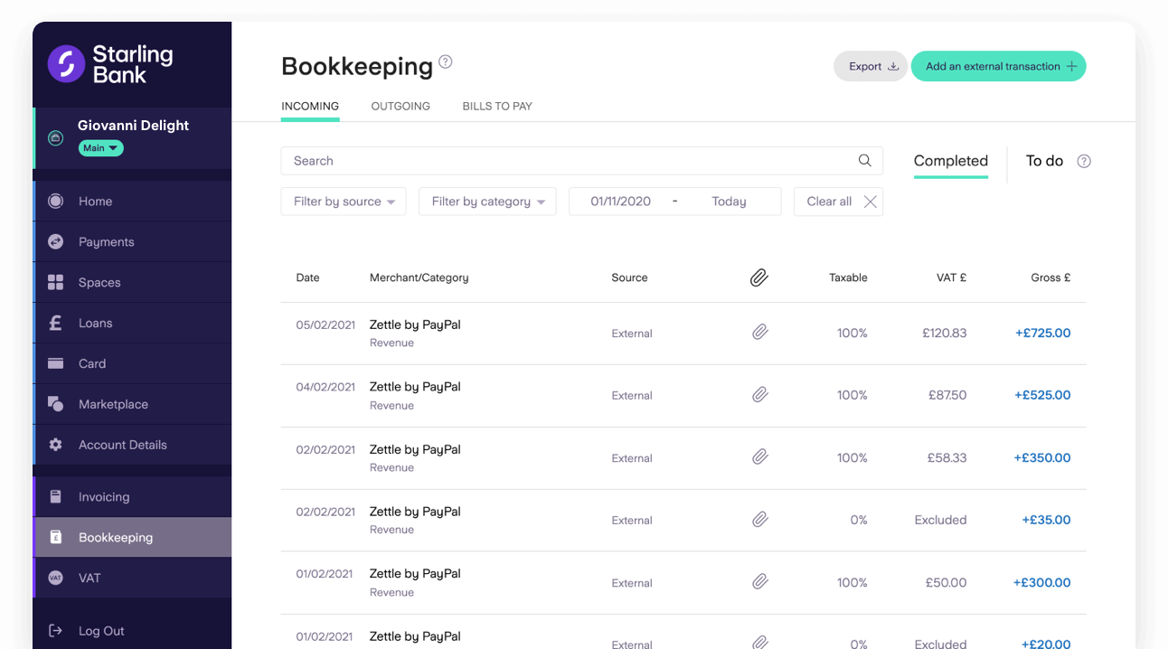 Zettle bookkeeping screen on desktop