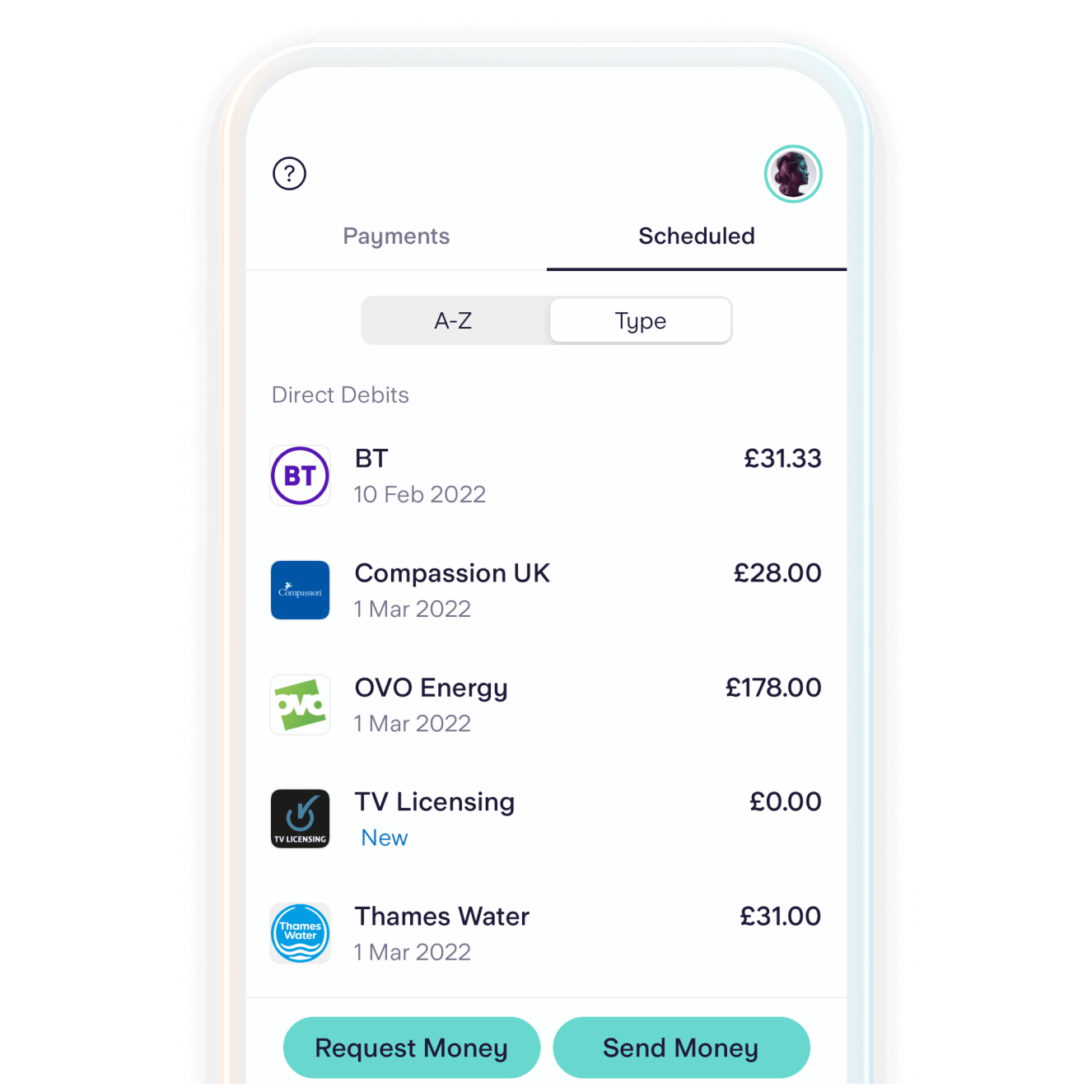 Starling app showing scheduled payments