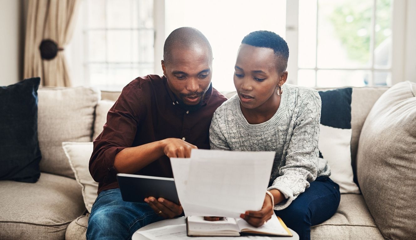 Couple sitting on a sofa, looking at documents