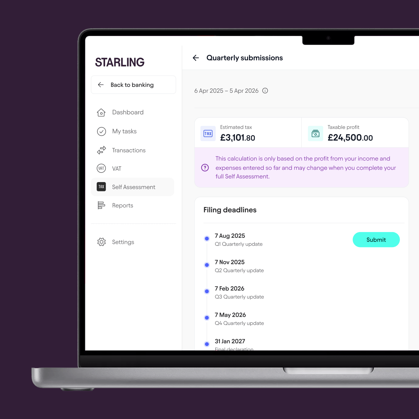 Starling's Making Tax Digital software displayed on a laptop screen
