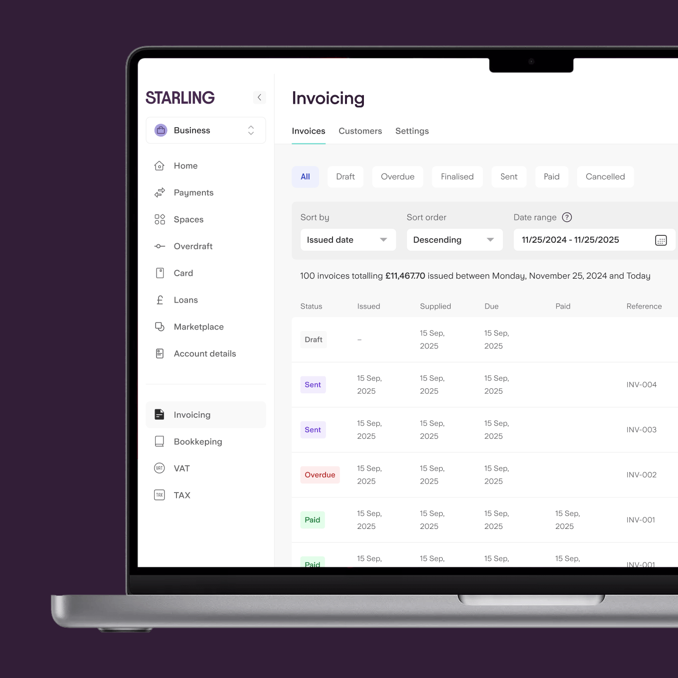 Starling Online Banking invoicing screen