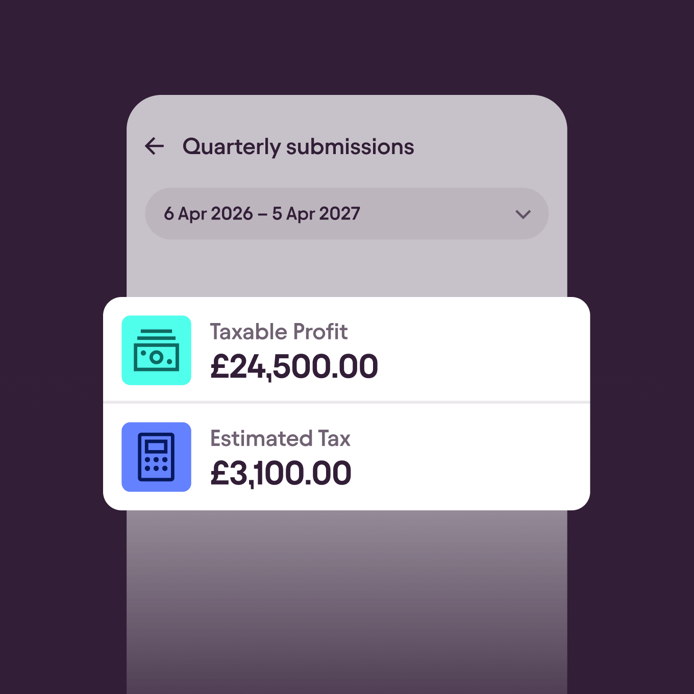Quarterly submissions screen showing taxable profit and estimated tax to pay