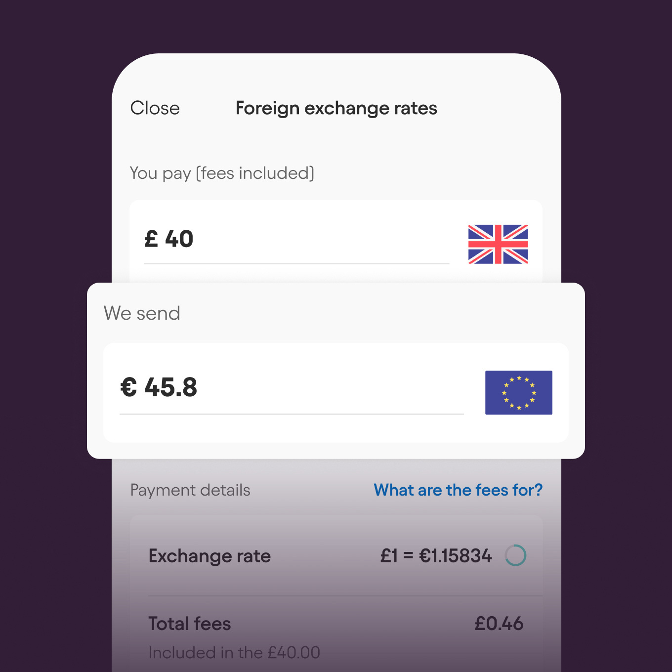 Phone screen showing foreign exchange rates between Pounds and Euros