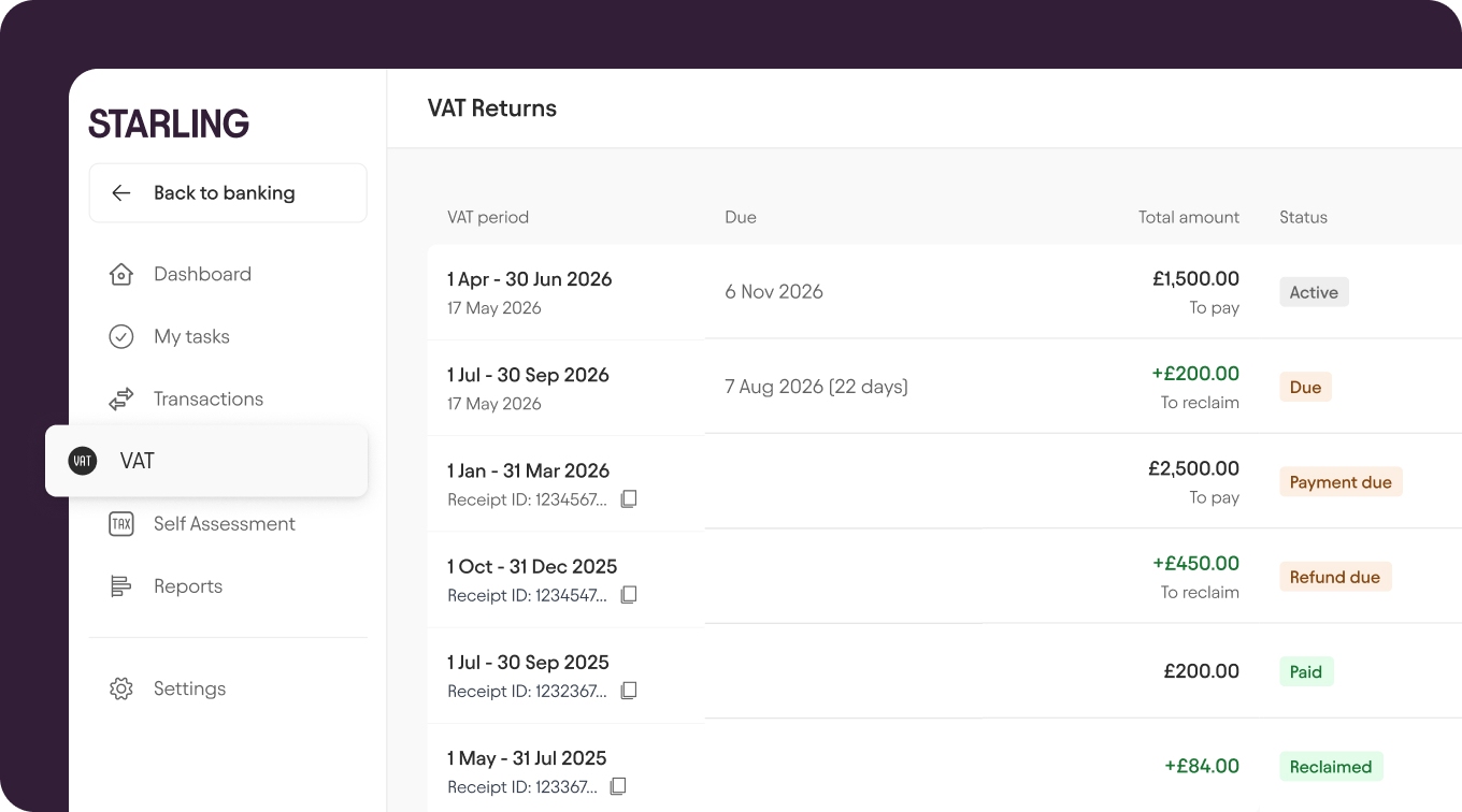 VAT screen in Starling Online Banking