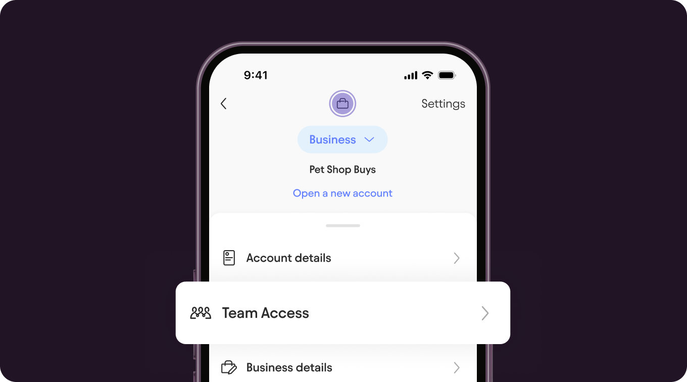 Screen in the Starling app showing Team Access tab