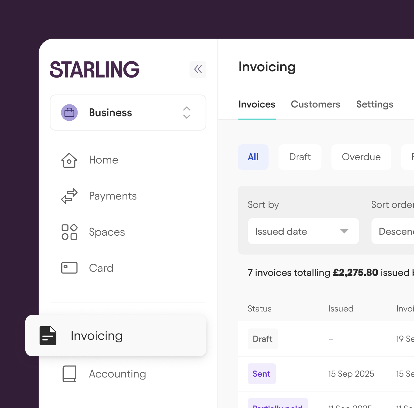 Starling invoicing software on laptop screen