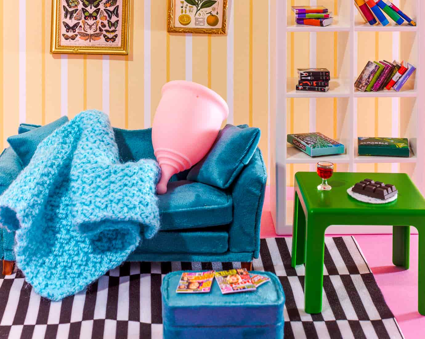 A menstrual cup on a sofa