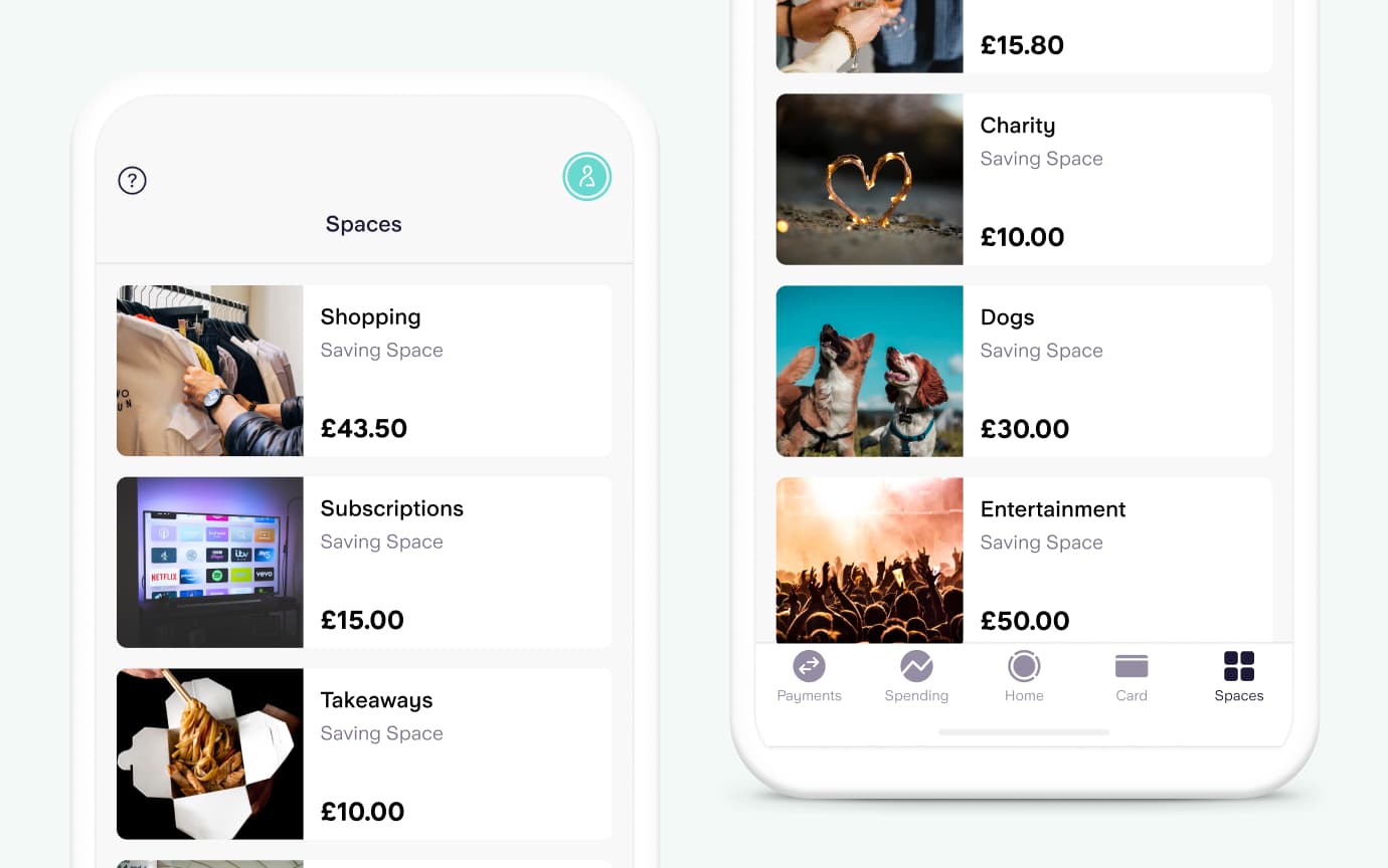 Screenshot of spaces examples. Shopping, subscriptions, takeaways, charity, entertaiment