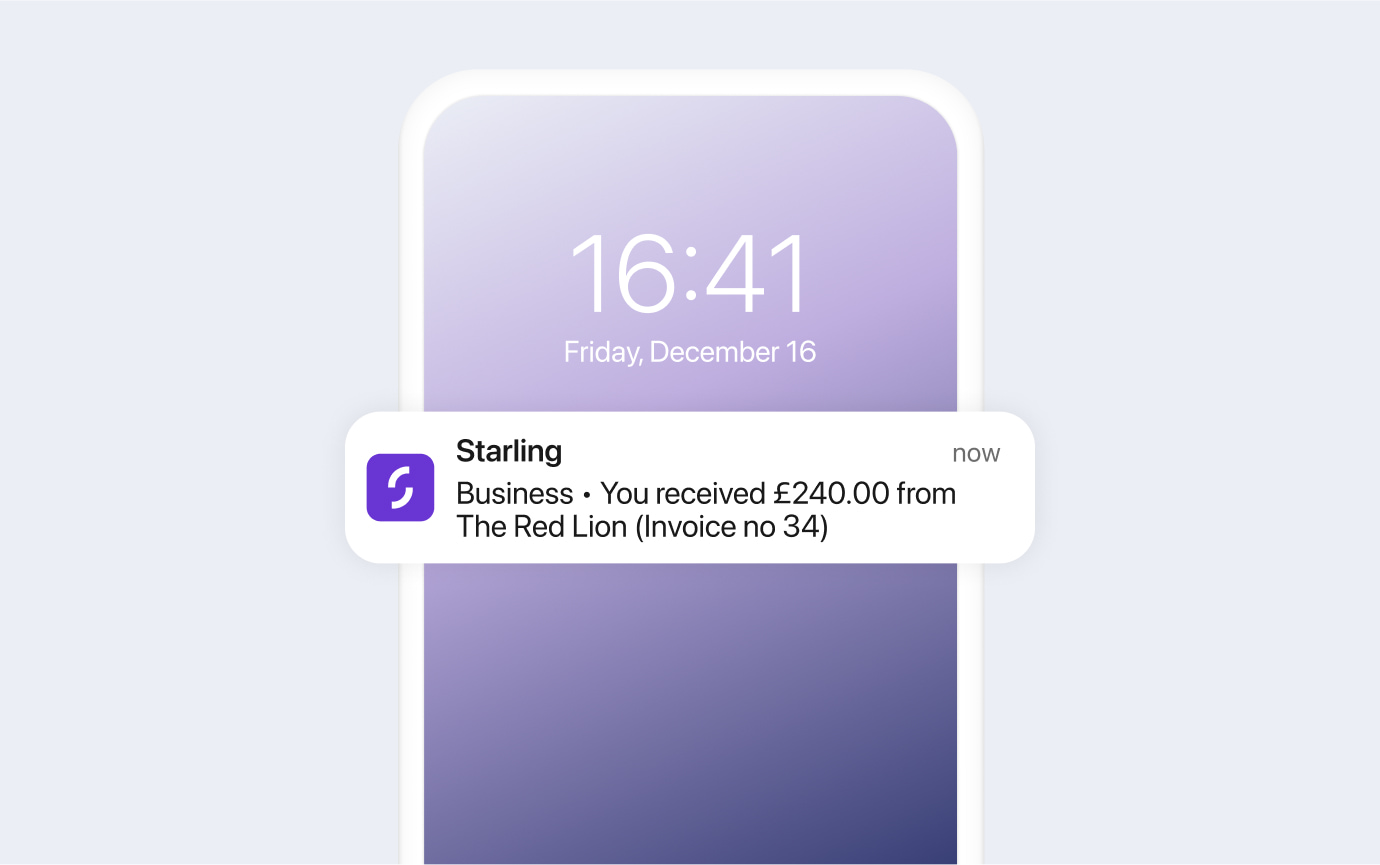 Screenshot of app interface with notification. 'Business. You received £240 from The Red Lion (invoice no 34)'