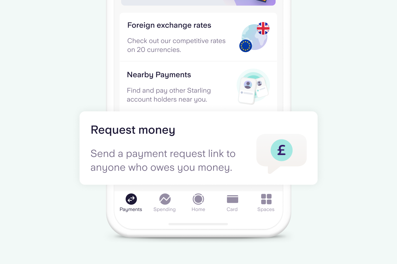 Screenshot of the Starling Bank app's request money page