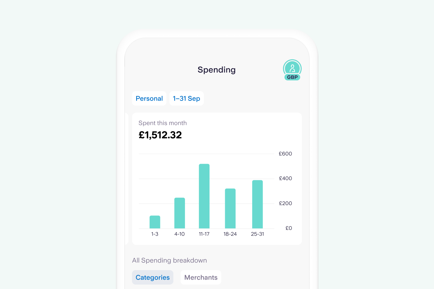 Screenshot of the Starling Bank app's spending insights page