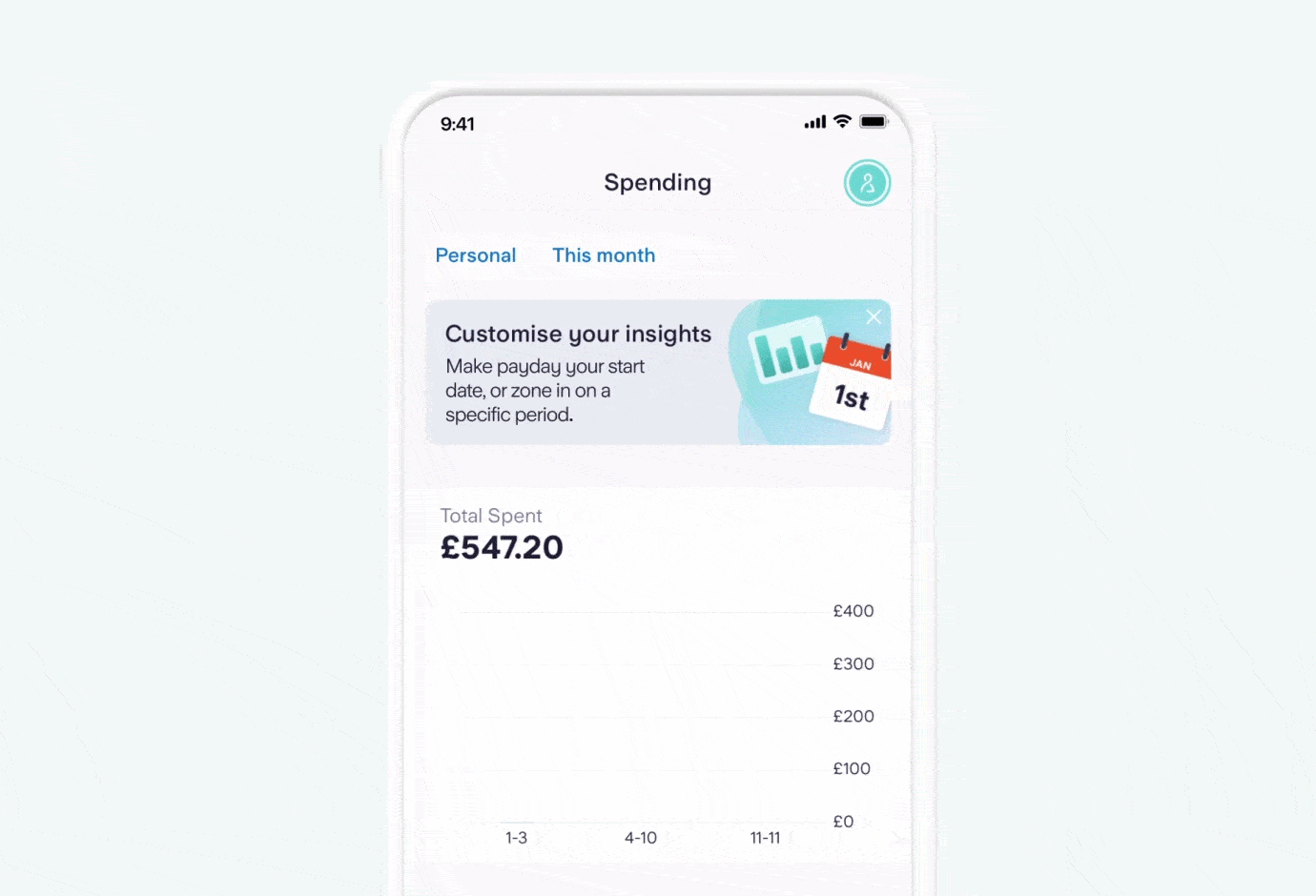 Graphs within the Starling app showing user spending