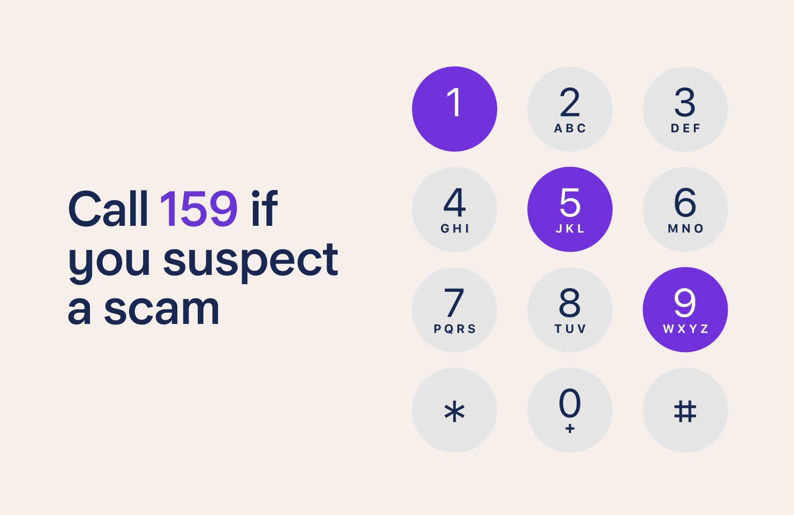 Text saying "Call 159 if you suspect a scam" net to an image of a keypad with the numbers 1, 5 and 9 coloured in purple