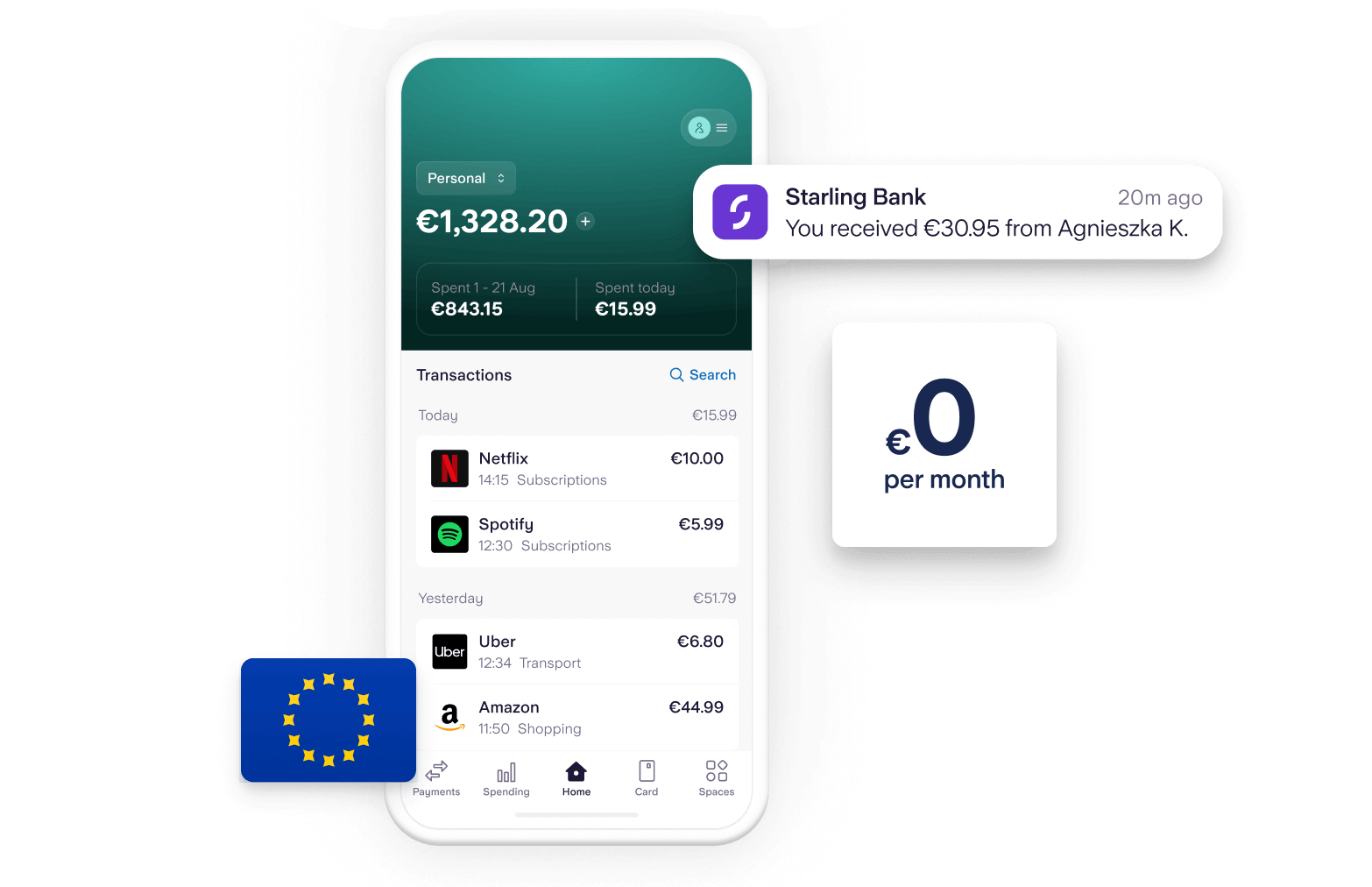 Starling app screen showing transactions in Euros