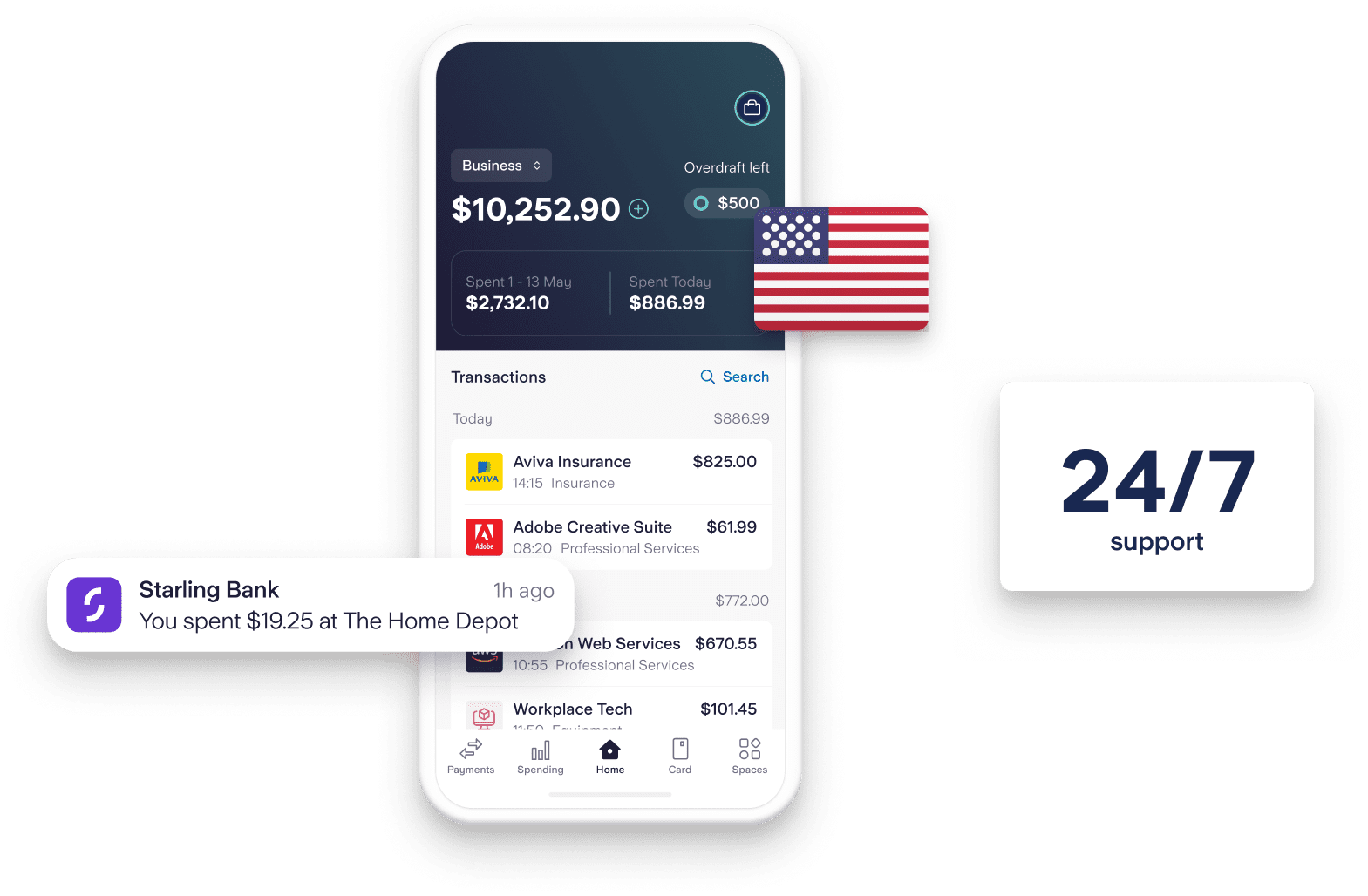 Screenshot of a screen on the Starling app showing dollar transactions