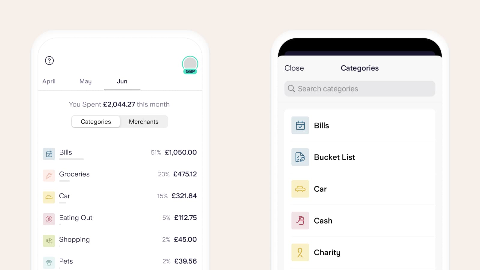 See the percentage you spent per category in the app