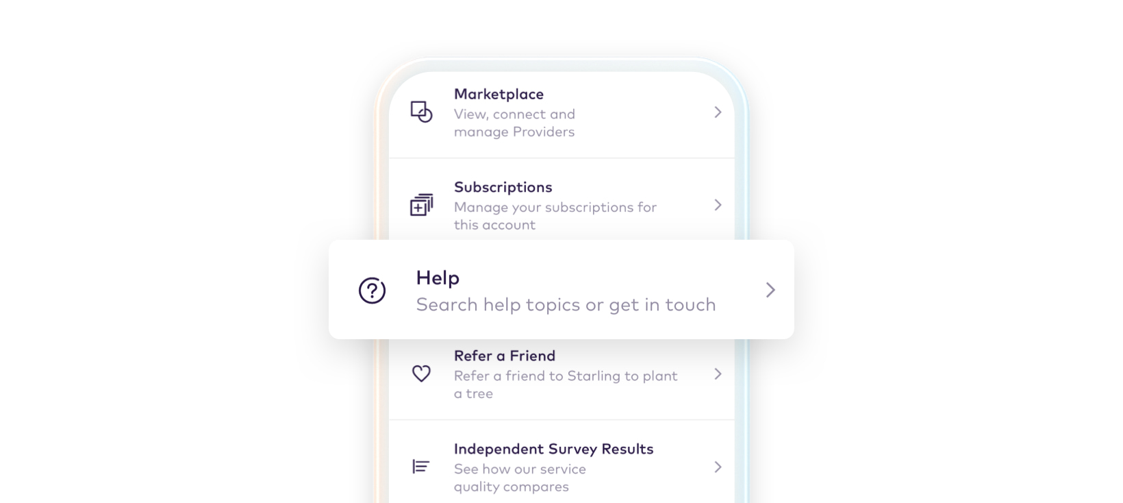 Screenshot showing the navigation option for the Help Centre within the Starling app