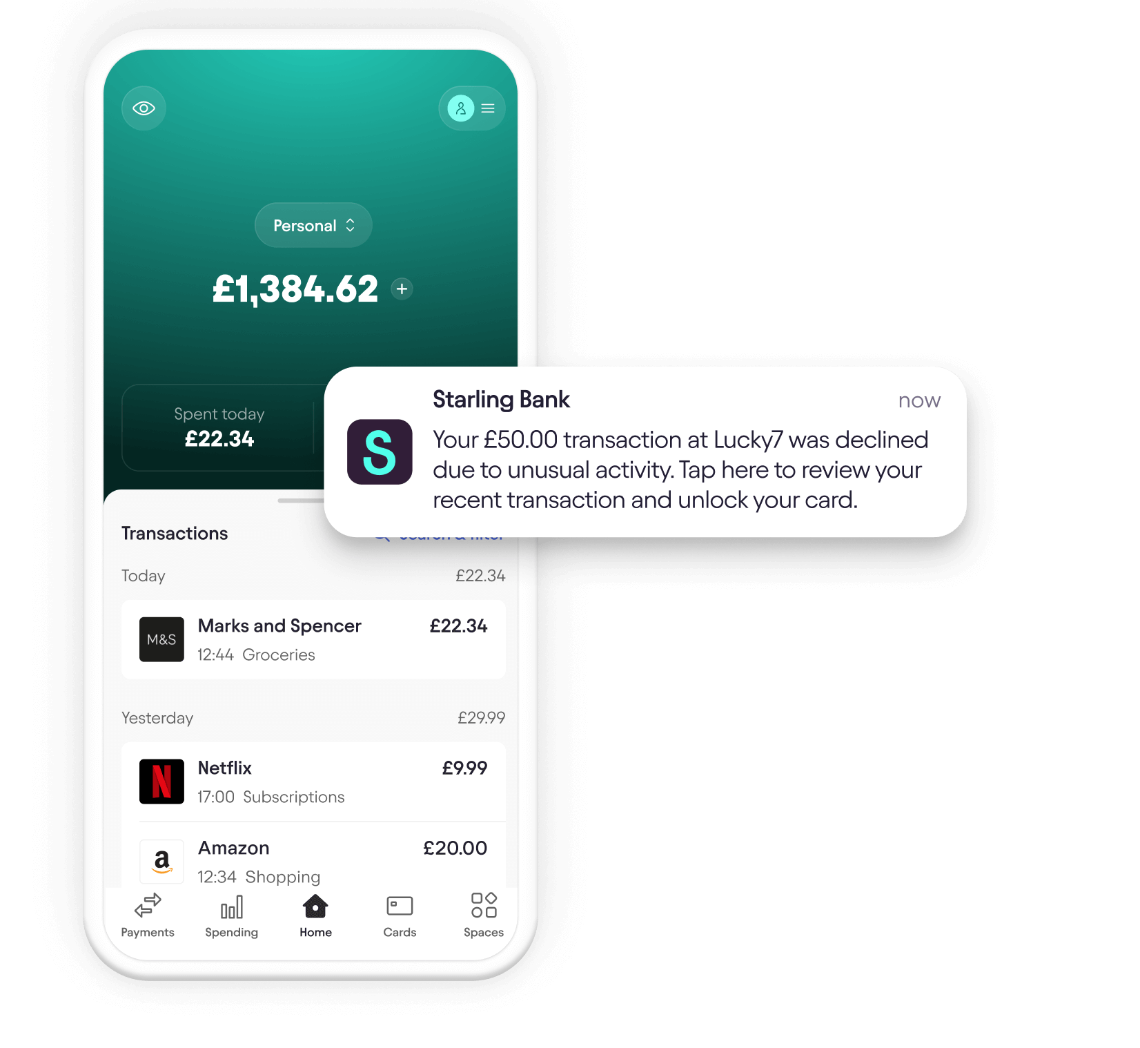 Starling app home screen showing balance and scam prevention messaging